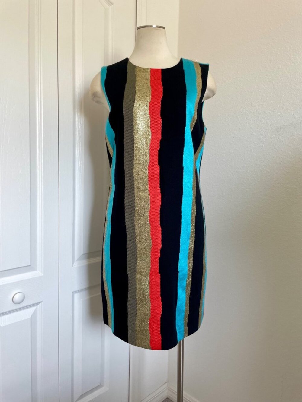 Milly Women's Black Sleeveless Metallic Striped Colorful Mini Dress Size Large - Picture 4 of 13